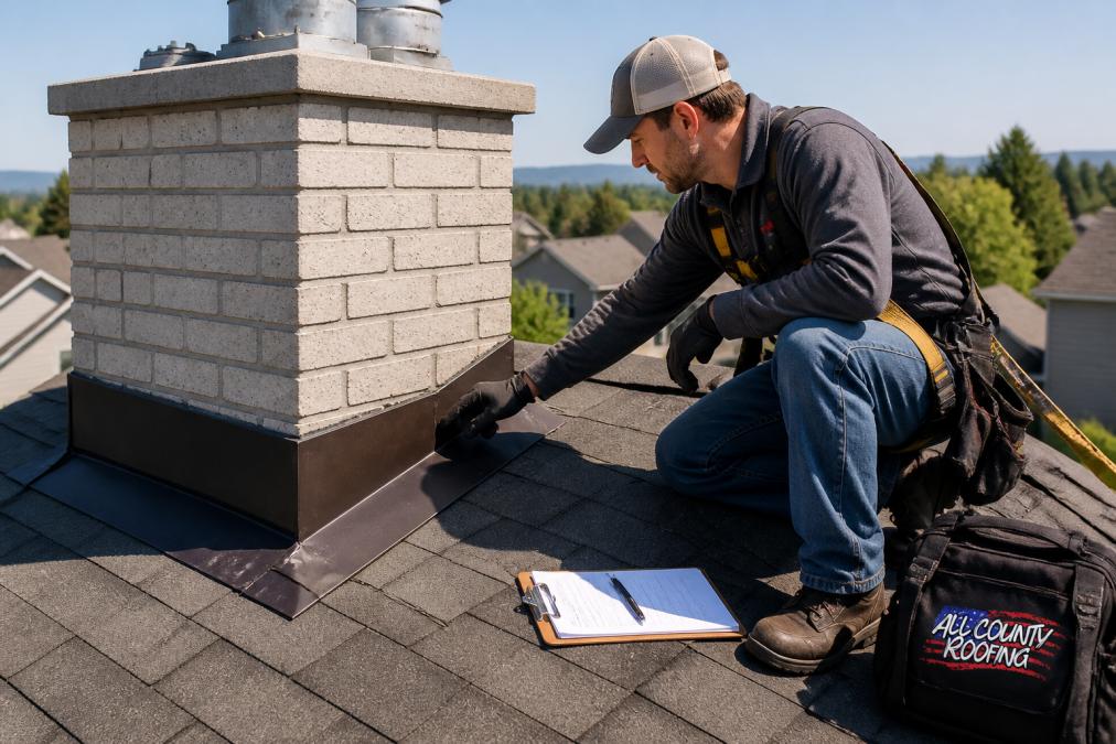 Roofing contractor in safety gear inspecting chimney flashing for service roofing maintenance
