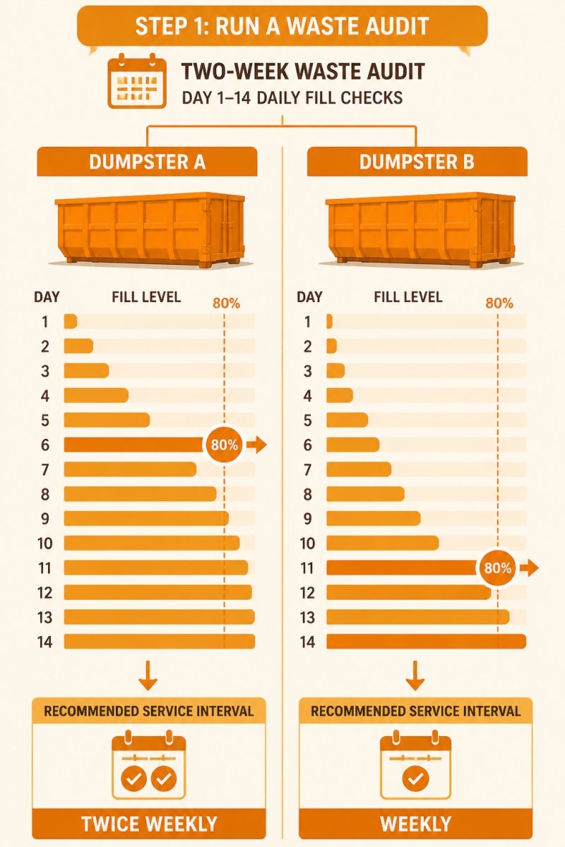 Flowchart showing a two-week waste audit: Day 1-14 daily fill checks, 80% threshold marked on day 6 for dumpster A and day 11 for dumpster B, leading to a recommended service interval of twice weekly vs. weekly