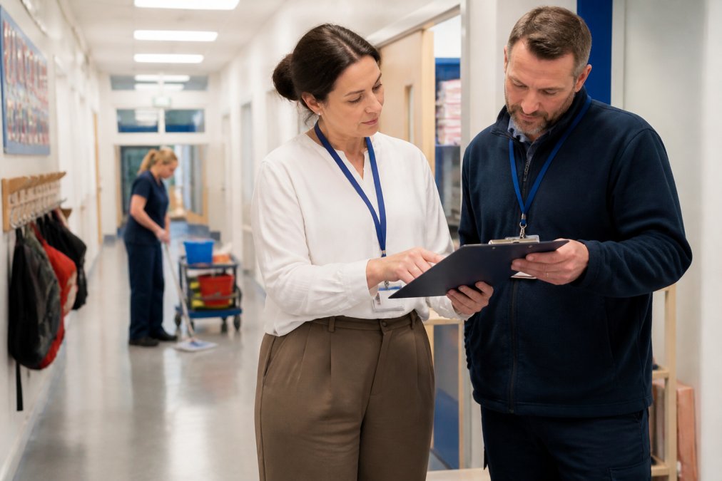A school business manager and a facilities supervisor reviewing a cleaning rota and staffing schedule on a clipboard in a bright school corridor, with a cleaner working in the background