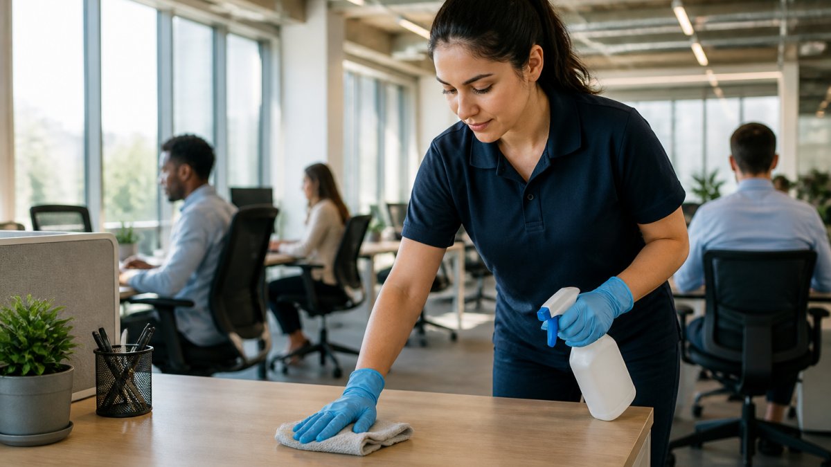 A professional cleaner in a branded polo shirt wiping down a desk in a bright, modern open-plan office while employees work at computers in the background