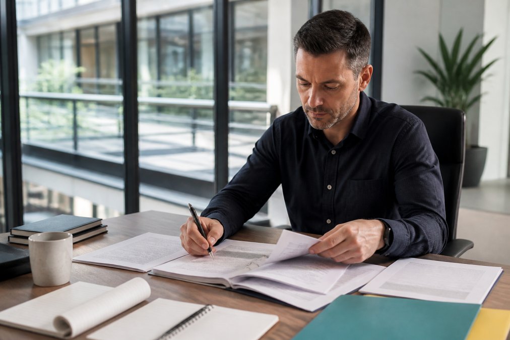 Facilities manager reviewing cleaning schedules and service contracts while making notes at a desk in a modern office building with natural light from large windows