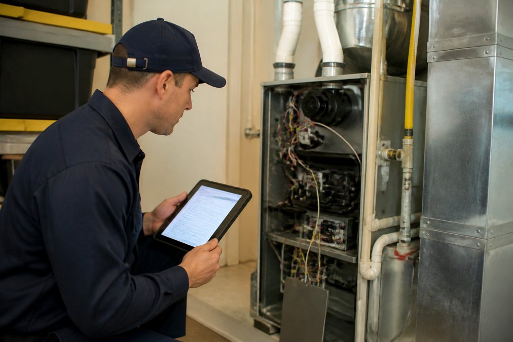 A uniformed home maintenance technician inspecting an HVAC unit in a suburban home utility room, holding a digital tablet with a service checklist visible on screen
