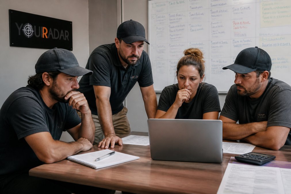 A small team of HVAC and plumbing contractors in a modest office, gathered around a laptop and a whiteboard covered in job schedules, looking concerned about software costs
