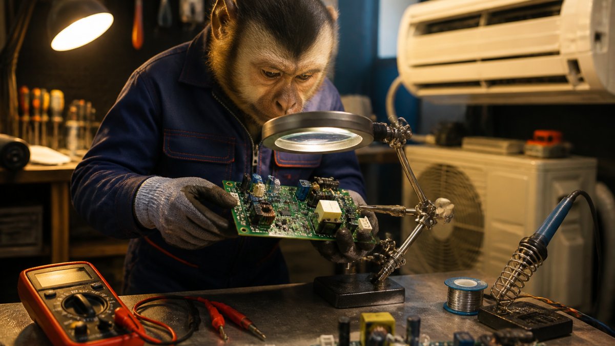 Mono capuchino con guantes reparando una tarjeta electrónica para un servicio de climatización profesional.