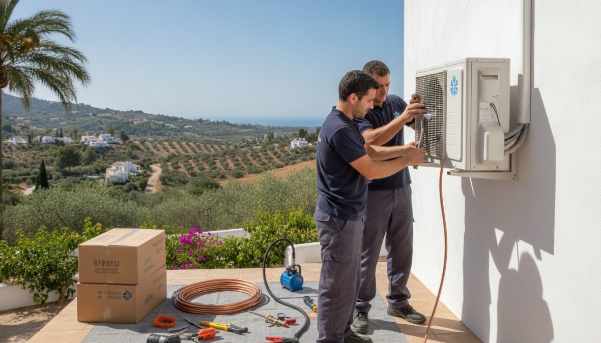Técnico certificado de climatización con uniforme profesional instalando una unidad interior de aire acondicionado tipo split en la pared de un apartamento moderno y luminoso, utilizando taladro y herramientas de montaje profesionales