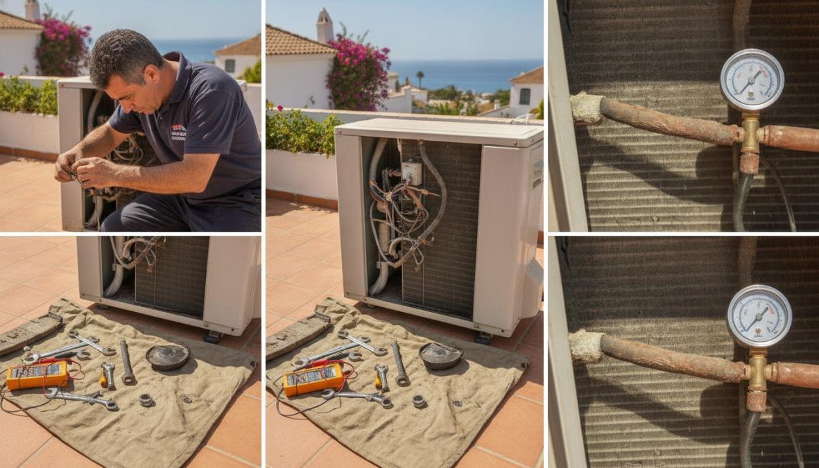 Técnico especialista inspeccionando de cerca la unidad interior de un aire acondicionado, revisando los filtros y componentes internos con linterna en un entorno residencial