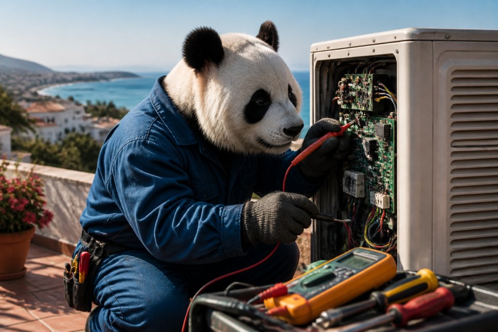 Un oso panda con mono de trabajo azul revisando con un multímetro la tarjeta electrónica de una unidad exterior de aire acondicionado en una terraza con vistas al mar, herramientas de diagnóstico en primer plano, luz de mañana