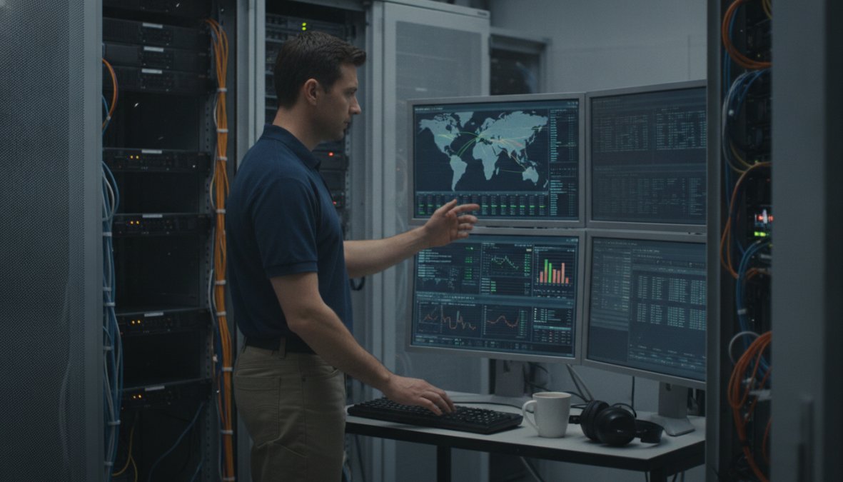 Técnico de TI con auriculares y camisa azul trabajando frente a tres monitores que muestran dashboards de monitoreo en tiempo real con gráficos de latencia y disponibilidad de red, en una sala de servidores iluminada con luz azul fría y racks de equipos al fondo