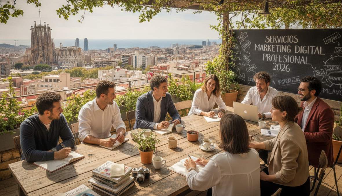 Equipo diverso analizando métricas en una oficina de Barcelona para servicios de marketing digital profesional.