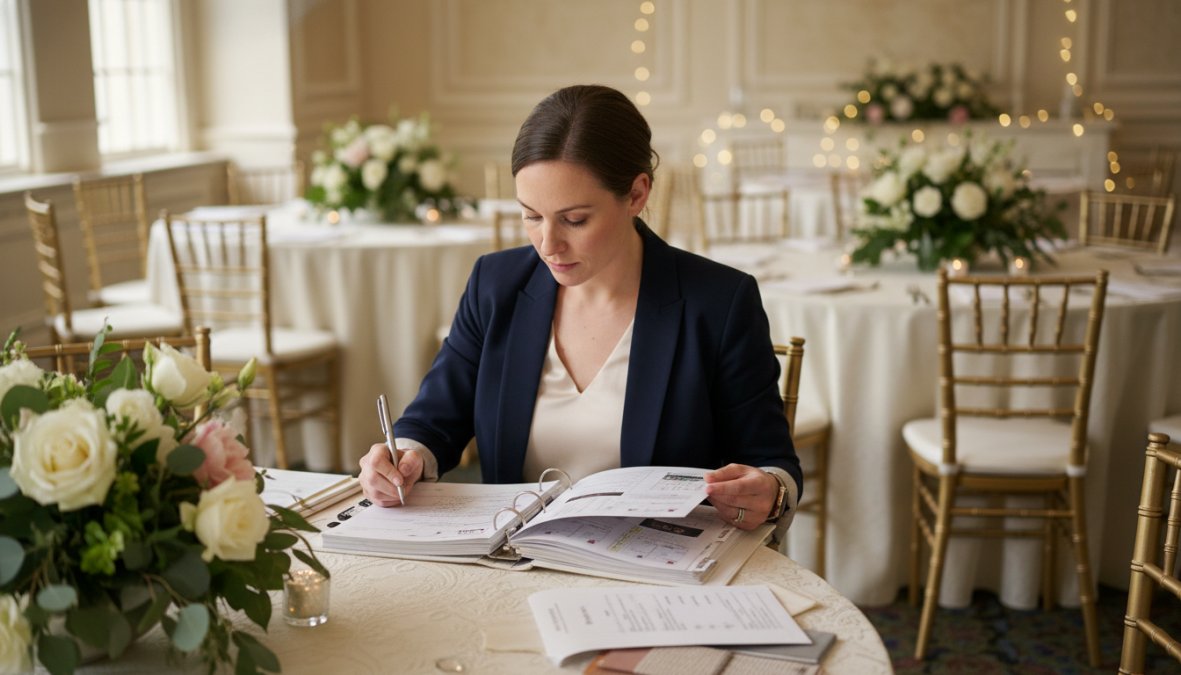 Coordinadora de eventos profesional revisando una carpeta de planificación detallada en un salón elegantemente decorado con centros de mesa florales, iluminación suave y mesas redondas con manteles blancos al fondo