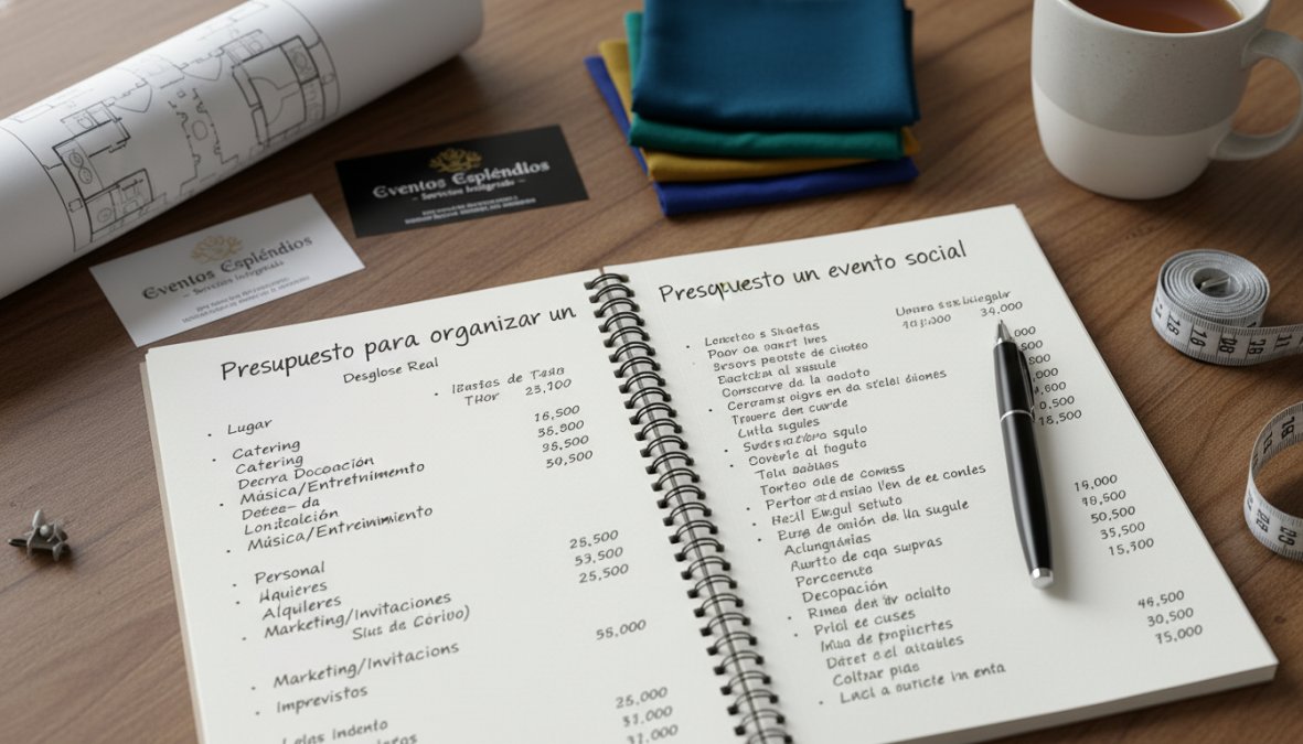 Persona sentada en un escritorio con cuaderno, calculadora y laptop abierta, revisando documentos de presupuesto de evento con una taza de café cerca en una oficina en casa bien iluminada