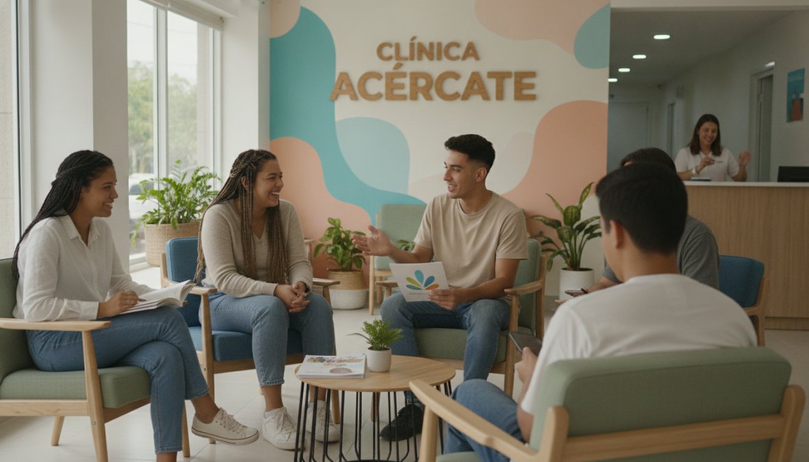 Grupo diverso de jóvenes en la sala de espera de una clínica de salud sexual confidencial con decoración acogedora.
