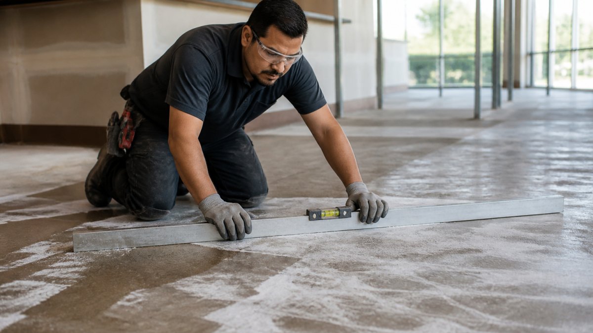 Professional installer inspecting and leveling a commercial floor surface with measuring tools and straightedge, preparing subfloor for rapid installation