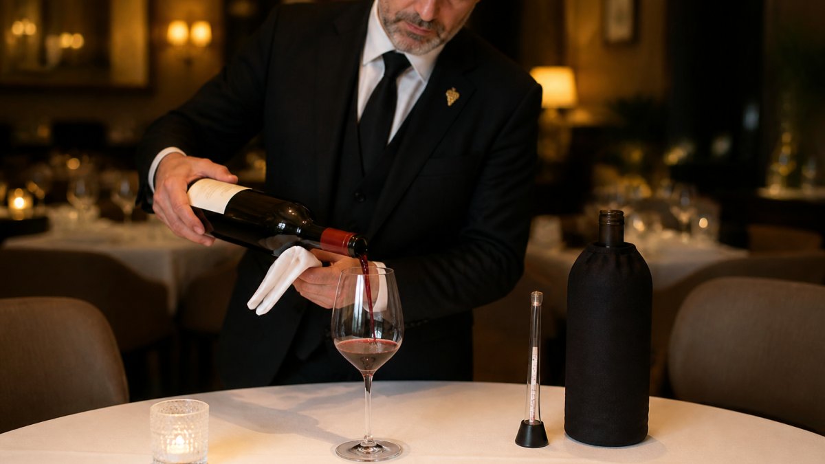 Professional sommelier carefully pouring mature red wine into a glass, with a wine thermometer visible on the table beside a bottle wrapped in a wine sleeve, showing proper serving technique in an upscale restaurant setting with warm ambient lighting