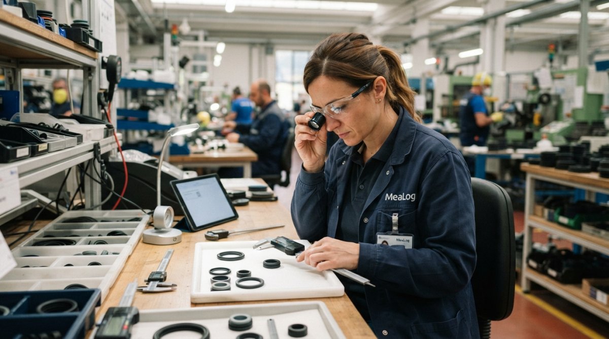 Operatore che esamina attentamente componenti in gomma e plastica al tavolo di lavoro, utilizzando lente d'ingrandimento e calibri digitali, in un ambiente di produzione industriale ben illuminato con illuminazione a LED