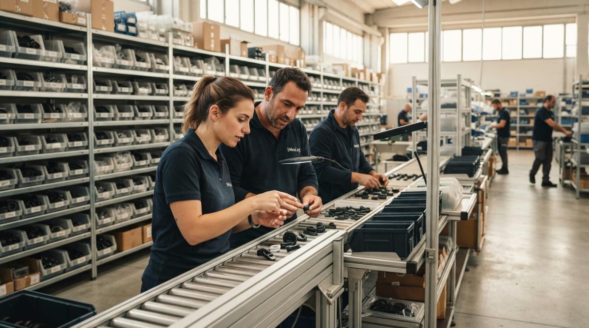 Team di operatori che lavorano insieme su una linea di assemblaggio durante un picco di produzione intenso, con scaffali di componenti in gomma e plastica sullo sfondo, ambiente industriale ben organizzato
