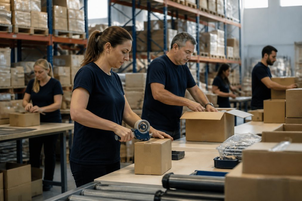Team di operatori di magazzino che eseguono picking e packing con precisione in un ambiente ordinato e ben illuminato, con scaffali organizzati e sistemazione ottimale dello spazio