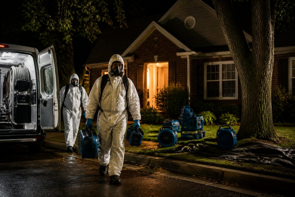 Restoration team arriving at a dark residential property for a property restoration comparison emergency response
