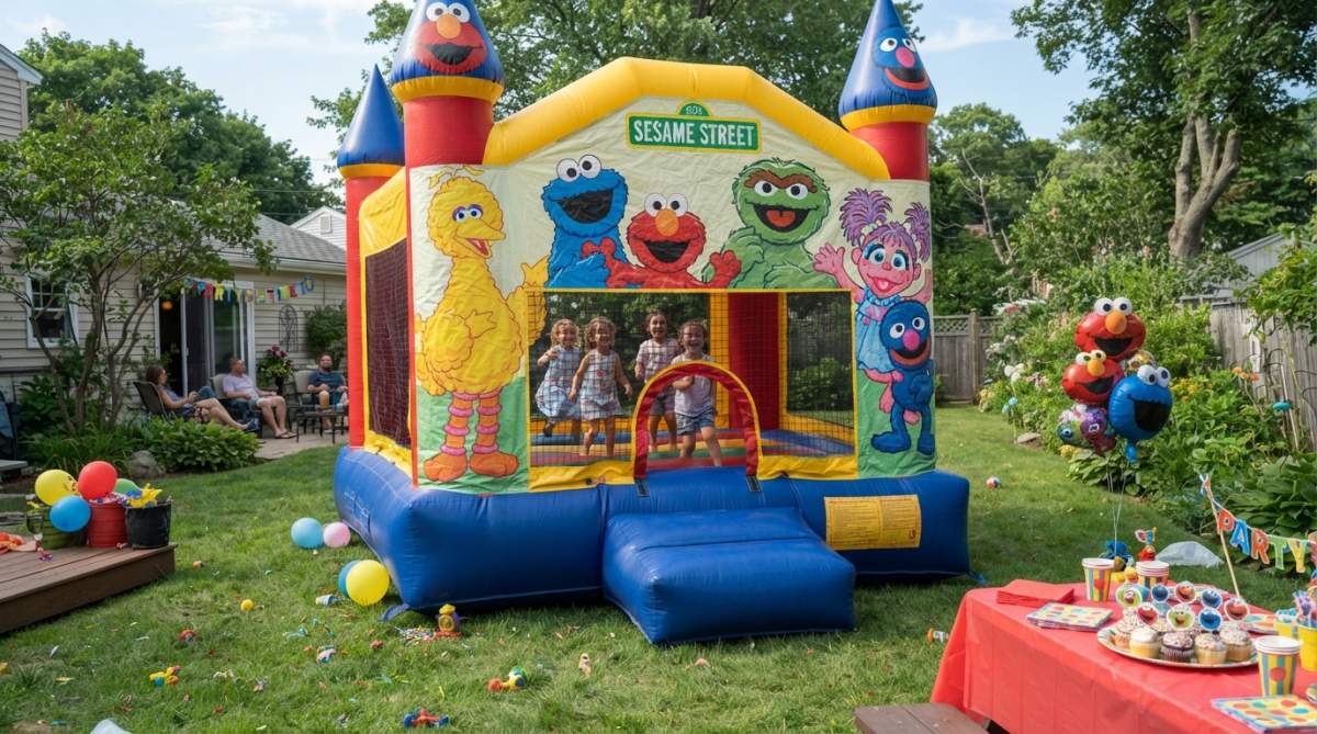 A colorful Sesame Street themed inflatable bounce house set up in a sunny backyard, bright character graphics on the walls, safety net enclosure, children's party decorations and a small table with cupcakes nearby