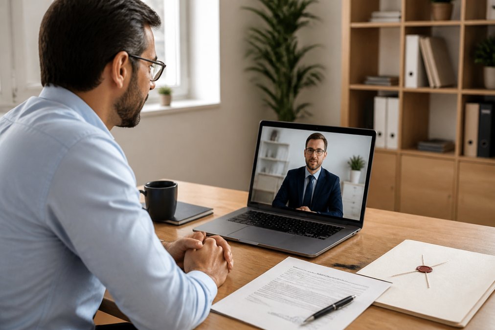 International entrepreneur seated at a desk during a video call with a German banker, laptop open showing company documents, notarized papers visible on the desk, natural office lighting