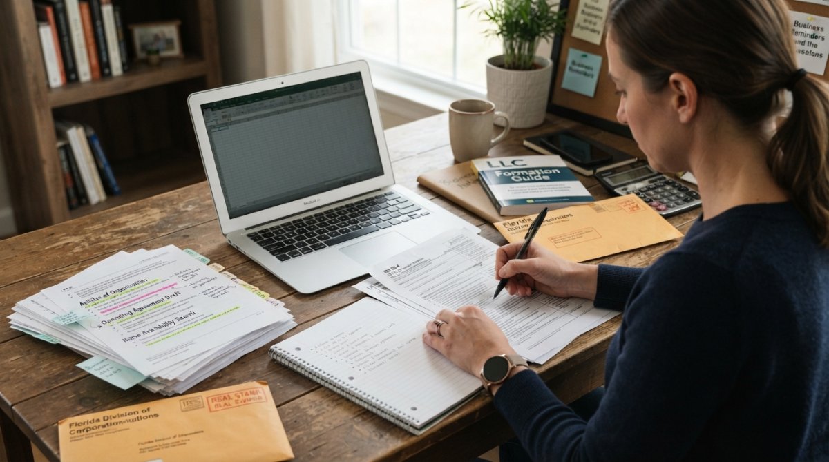 Business owner at desk with laptop, documents, and notepad, reviewing LLC formation paperwork and taking notes in natural office lighting