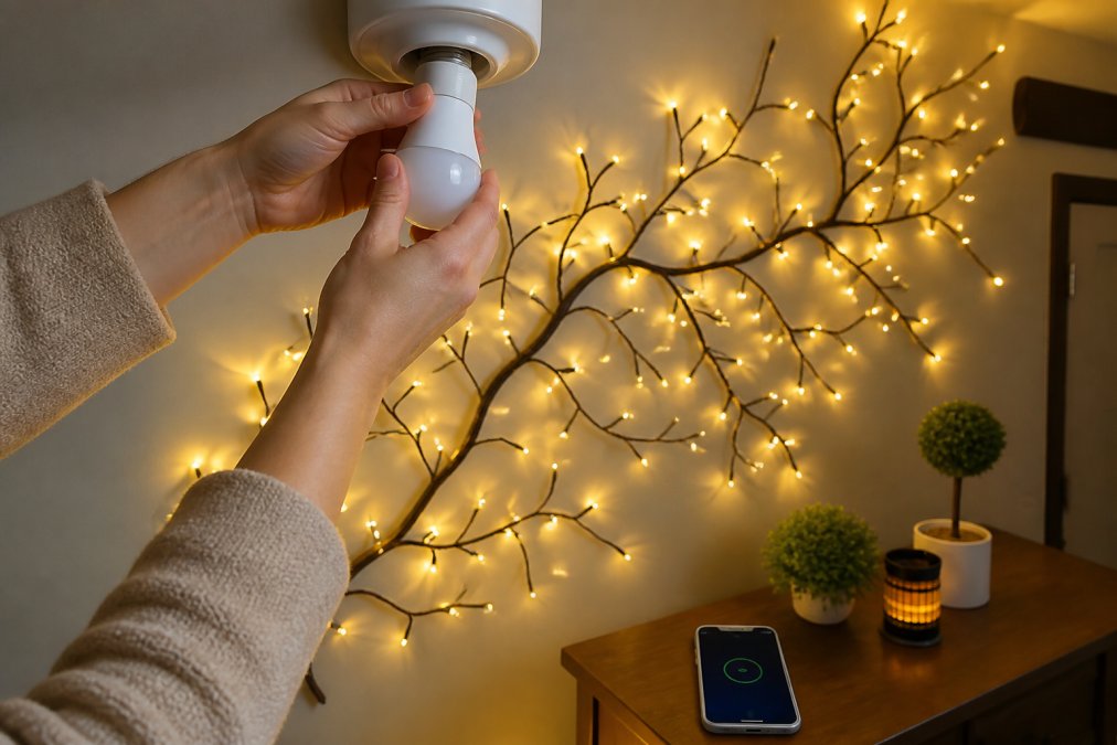 Close-up of hands carefully installing a smart LED bulb into a ceiling fixture, with a smartphone displaying the pairing mode setup screen visible on a nearby wooden table