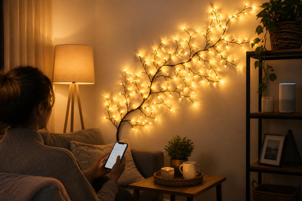 Person using a smartphone to control smart lights in a modern living room, with warm dimmable lighting illuminating the space and a voice assistant speaker visible on a nearby shelf