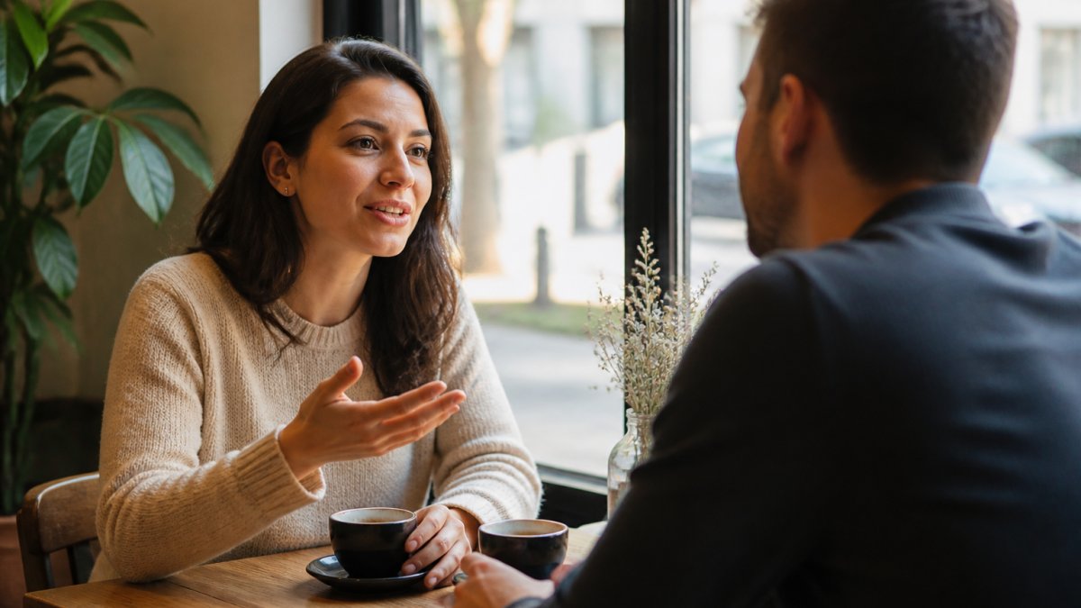 A 4-step infographic showing a couple calmly setting boundaries in early dating stages at a cafe.