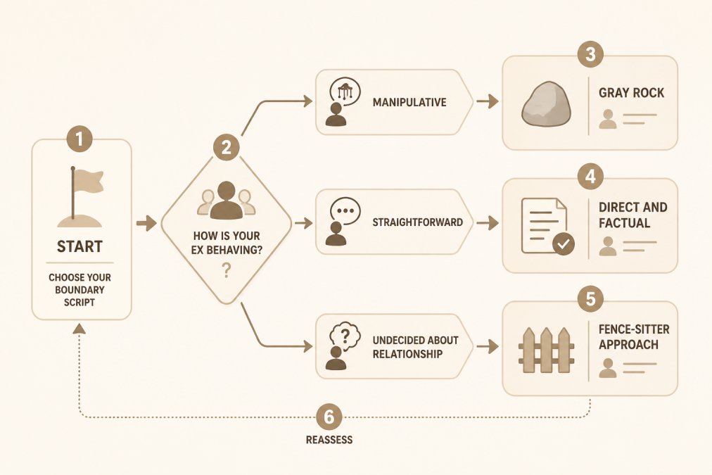 Flowchart showing decision tree for boundary-setting scripts: if ex is manipulative use Gray Rock, if ex is straightforward use Direct and Factual, if undecided about relationship use Fence-Sitter approach