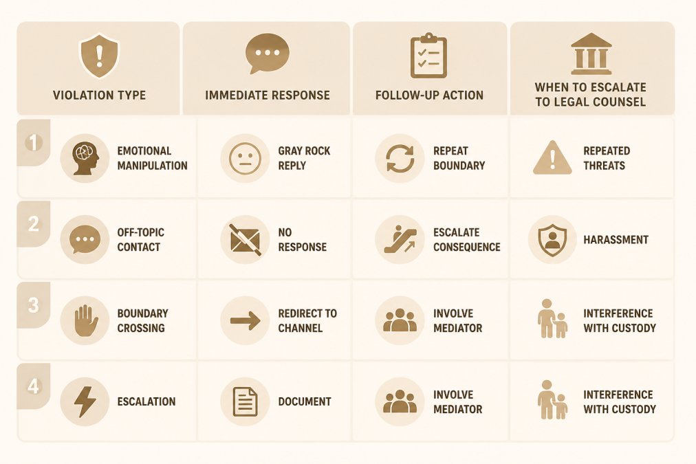 Boundary enforcement matrix with columns: violation type (emotional manipulation, off-topic contact, boundary crossing, escalation), immediate response (Gray Rock reply, no response, redirect to channel, document), follow-up action (repeat boundary, escalate consequence, involve mediator), when to escalate to legal counsel (repeated threats, harassment, interference with custody)