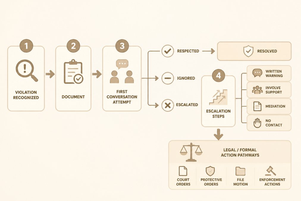 Decision flowchart showing three paths: Boundary violation recognized → Document → First conversation attempt → Escalation steps → Legal/formal action pathways