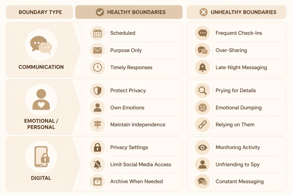 Comparison matrix showing boundary types (Communication, Emotional/Personal, Digital) with examples of healthy vs. unhealthy boundaries in each category