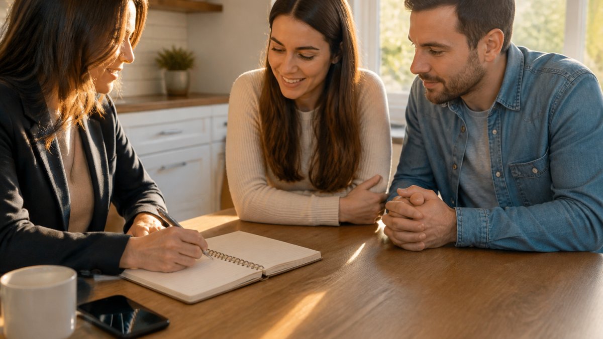 A real estate agent and a couple sitting at a kitchen table with a notebook and smartphone, reviewing a written communication plan together in a bright home setting