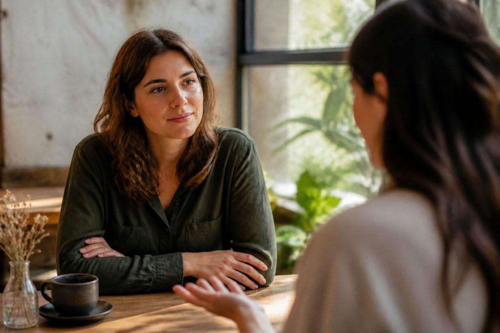 Person sitting calmly at a coffee table with a thoughtful expression, appearing peaceful and confident while having a conversation with natural afternoon lighting