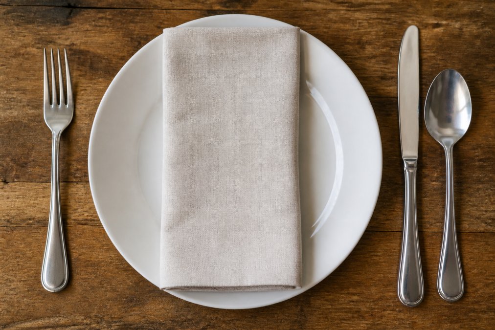 Diagram showing the outside-in rule for placing silverware on a rustic table setting with a folded linen napkin.
