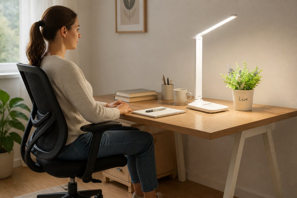 Remote worker sitting at desk with proper posture, demonstrating correct ergonomic positioning with an affordable office chair in natural office lighting