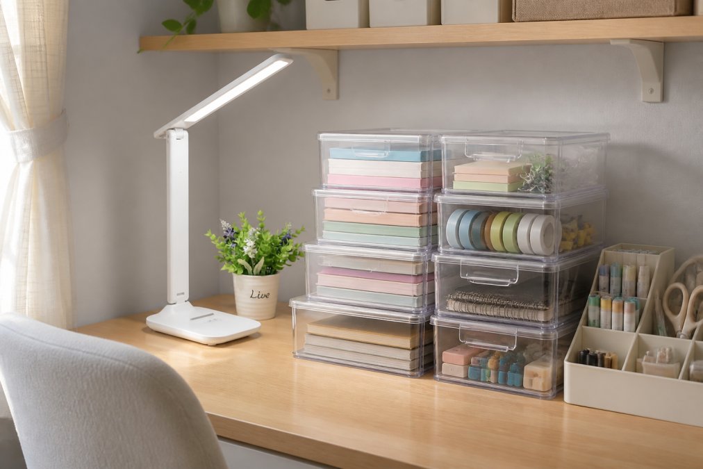 Organized home office workspace with transparent storage boxes, labeled containers, neatly arranged office supplies, and desk organizers in natural lighting