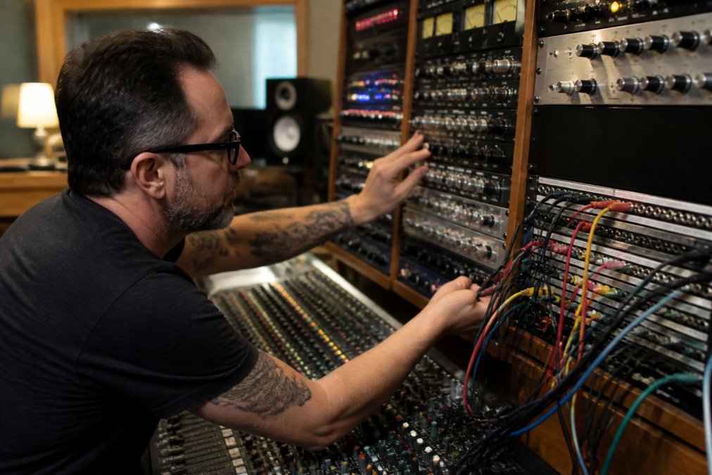 Professional audio engineer adjusting analog outboard gear mounted in a studio rack, with balanced XLR cables connected to a patchbay and mixing console in a modern mastering facility