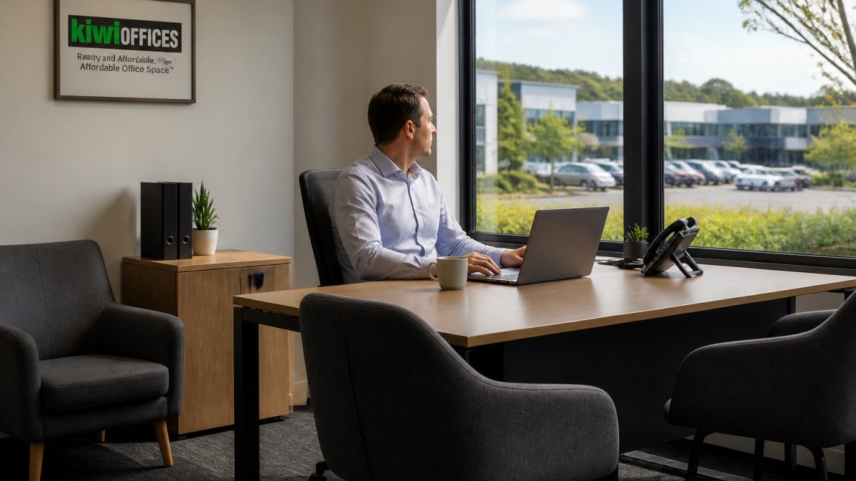 Professional working on a laptop in a private satellite office suite overlooking a suburban business park.