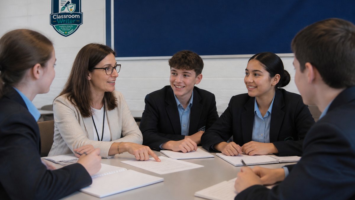Teacher and students discussing assignment guidelines while setting up ai policies for classroom use on a screen