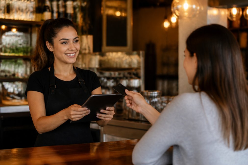 Restaurant staff member at a counter using a tablet to process a member payment while smiling at a customer, warm restaurant lighting in background