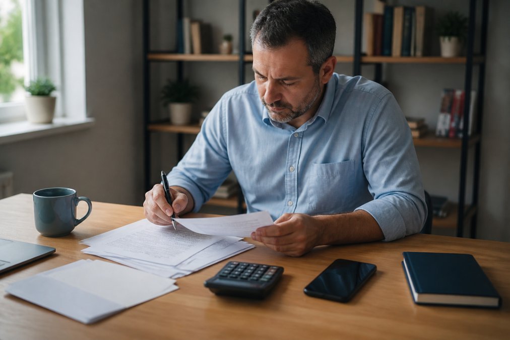 Person sitting at desk reviewing settlement documents and taking notes, with phone and calculator visible on the workspace