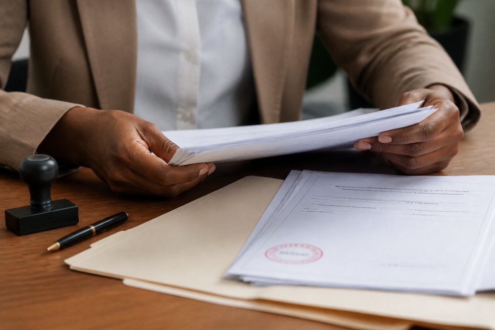 Close-up of hands holding completed legal forms and documents on a desk with pen and official stamps visible