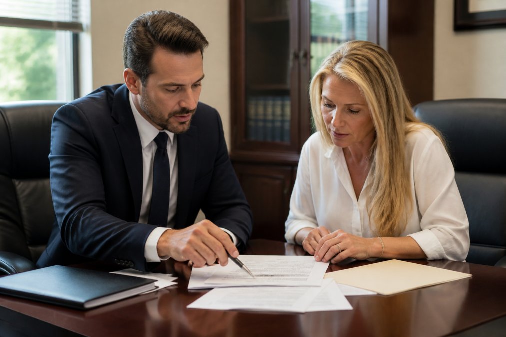 Professional lawyer and client reviewing legal documents and settlement agreement at desk in modern office with natural lighting