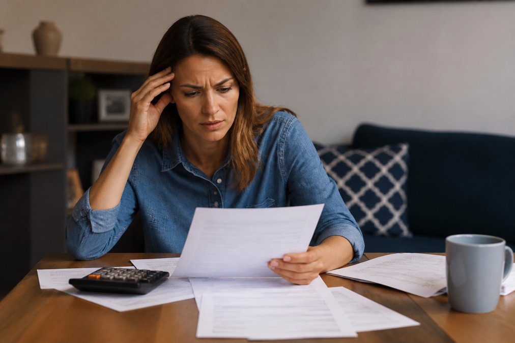 Person reviewing financial paperwork and calculator at home, studying settlement advance terms and costs with concern