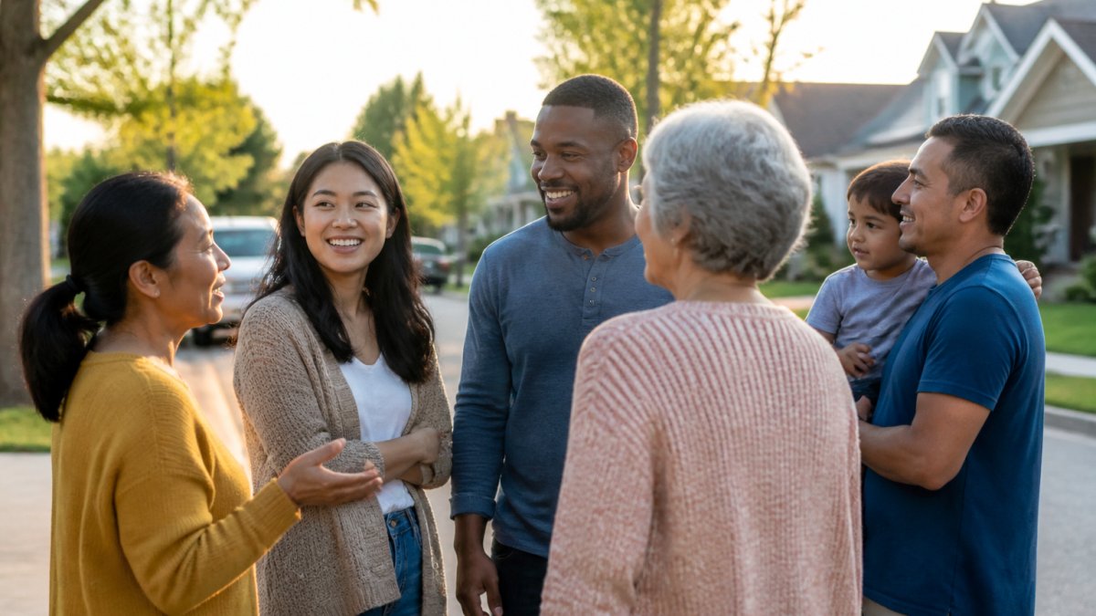 A diverse group of neighbors gathered outdoors in a residential street or park, smiling and chatting together in natural afternoon sunlight, representing community connection and friendship