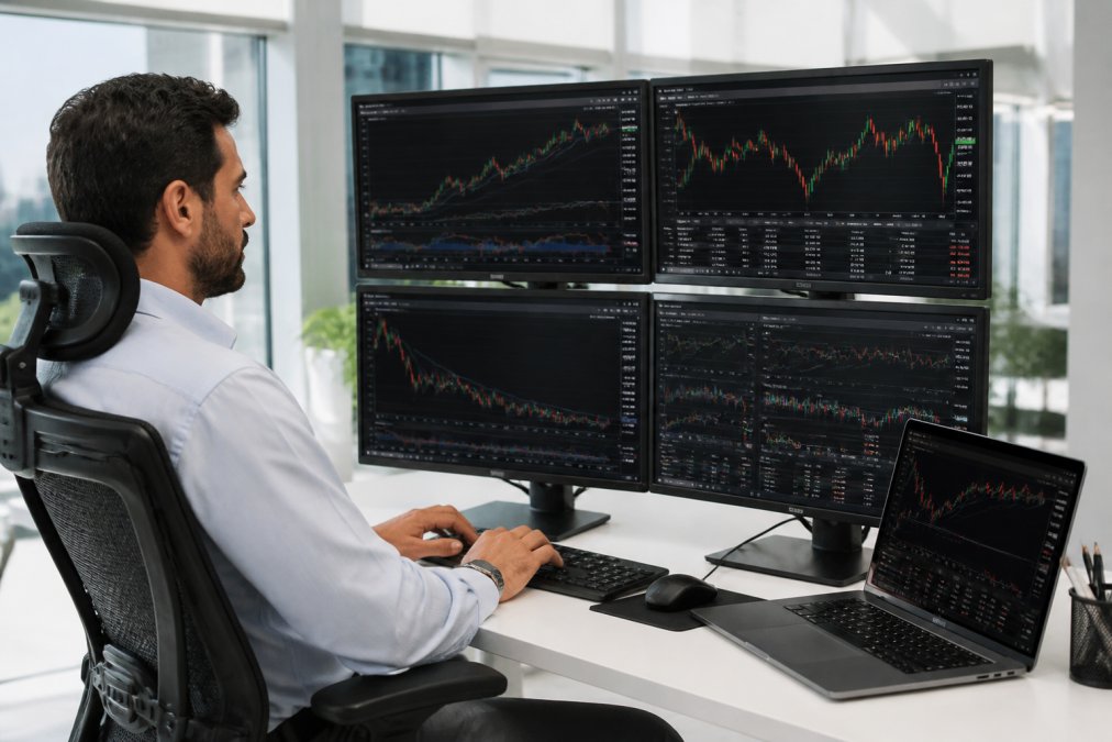 Professional trader sitting at desk with multiple monitors displaying live trading charts and market data, hands positioned on keyboard while configuring automated trading system setup in modern office with natural lighting