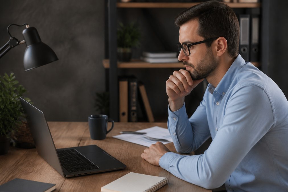 Professional trader reviewing live trading performance metrics on laptop screen displaying real-time trading dashboard with performance charts, account balance, and trade history in modern office with focused desk lighting