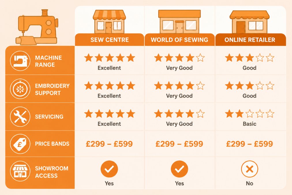 Comparison matrix of three sewing retailers scored across machine range, embroidery support, servicing, price bands from £299 to £599, and showroom access