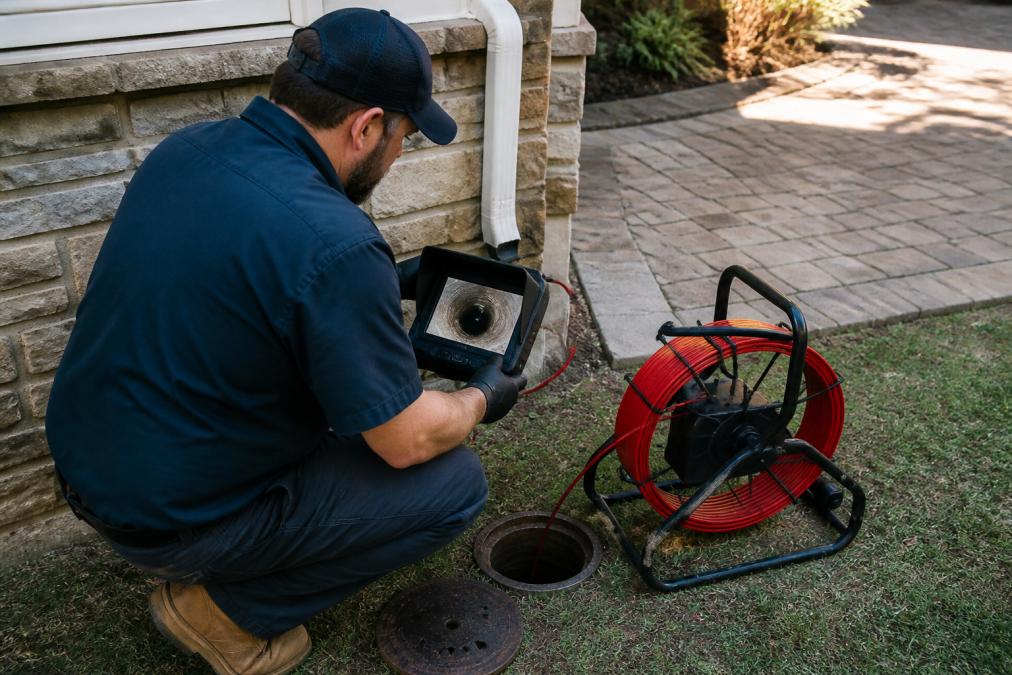 A plumbing technician in work clothes kneeling beside an open cleanout access in a residential yard, holding a monitor that shows a live camera feed of the inside of a pipe, with a reel of push cable visible on the ground